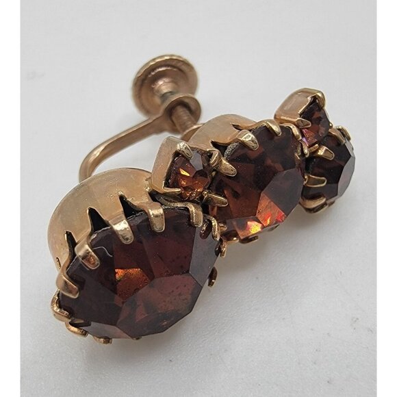 Vintage Dark Amber Three Gemstone Screw‎ Back Earrings - Picture 2 of 4